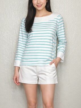 St. James Breton Stripe Boat Neck Top White Aqua 3/4 Sleeve Nautical Top 14 / L
